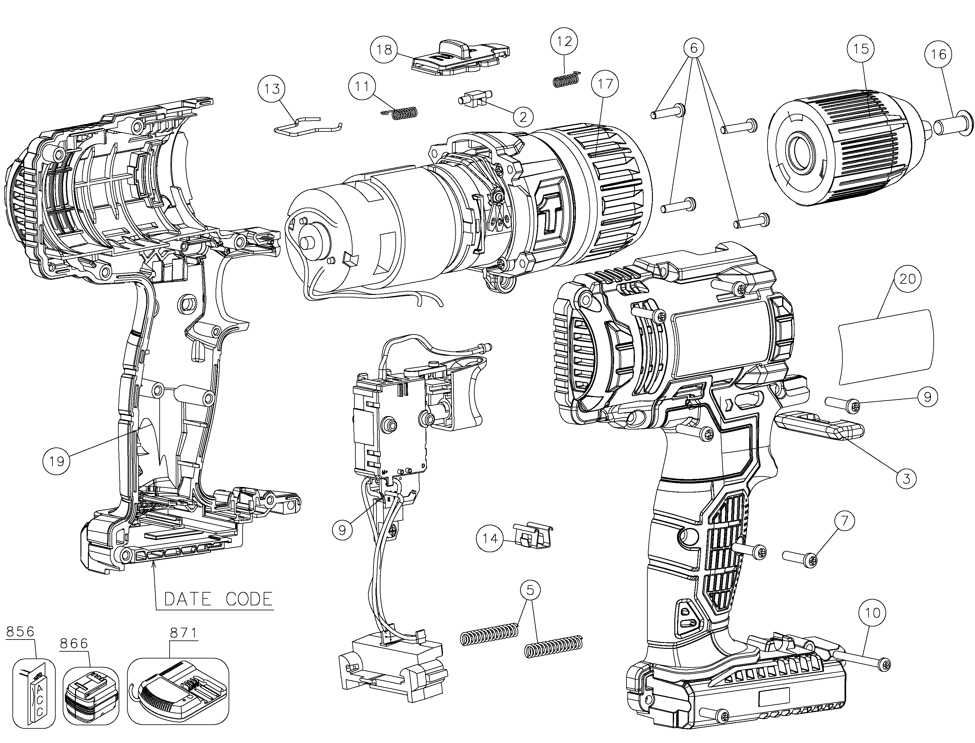 Default Diagram and Parts List for PCC621LB Type 1 Porter Cable Hammer Drill
